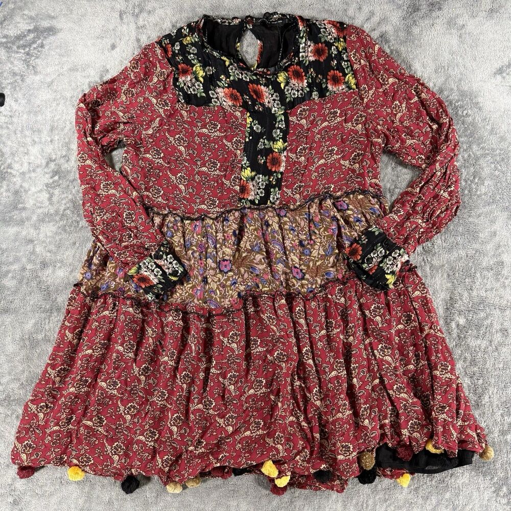 ZARA Women Dress Peasant Patchwork Prints & Pom Pom Trim Dress Large Boho